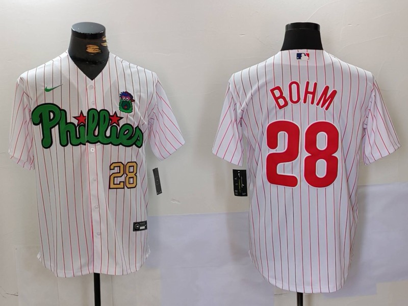 Men's Philadelphia Phillies #28 Alec Bohm Number White Green Cool Base Stitched Baseball Jersey