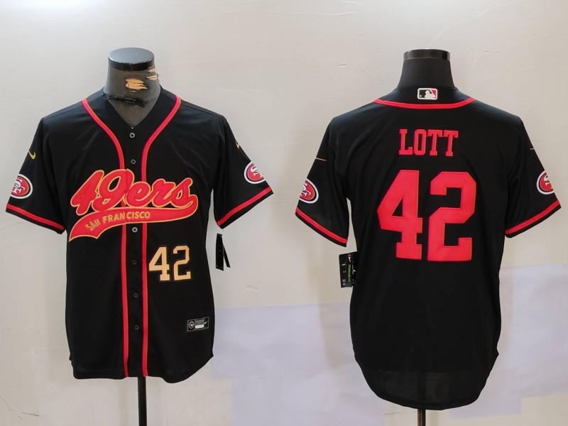 Men's San Francisco 49ers #42 Ronnie Lott Black With Patch Cool Base Stitched Baseball Jersey