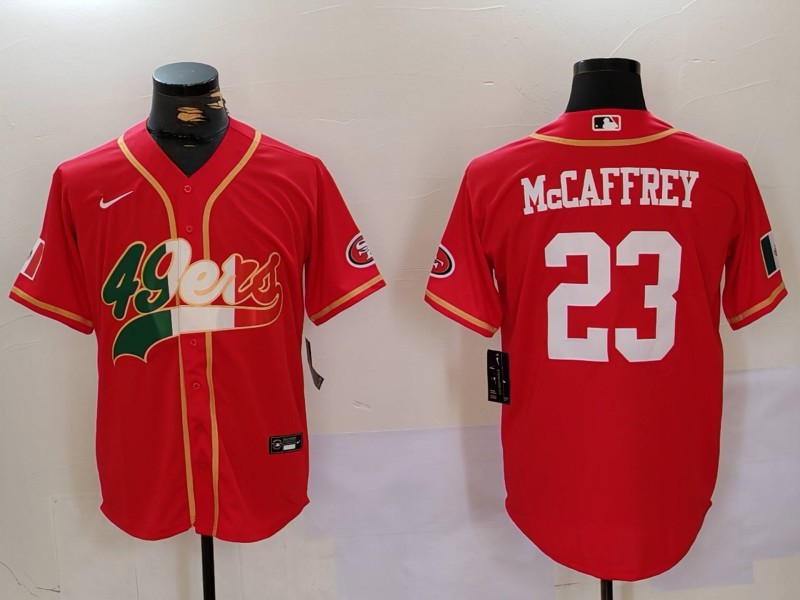 Men's San Francisco 49ers #23 Christian McCaffrey Red With Patch Cool Base Stitched Baseball Jersey 2