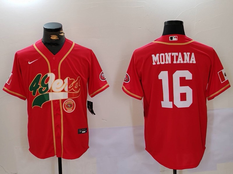 Men's San Francisco 49ers #16 Joe Montana Red With Patch Cool Base Stitched Baseball Jersey 1