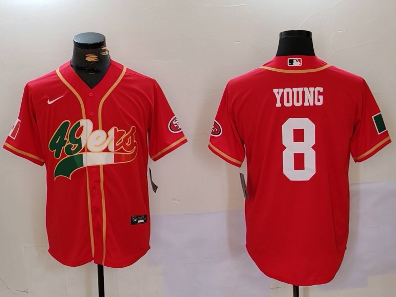 Men's San Francisco 49ers  #8 Steve Young Red With Patch Cool Base Stitched Baseball Jersey