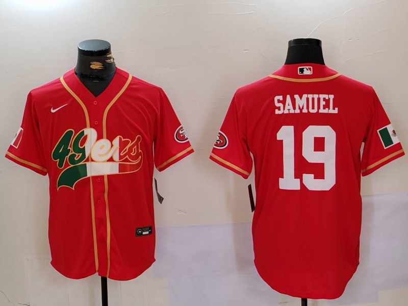 Men's San Francisco 49ers #19 Deebo Samuel Red With Patch Cool Base Stitched Baseball Jersey 2