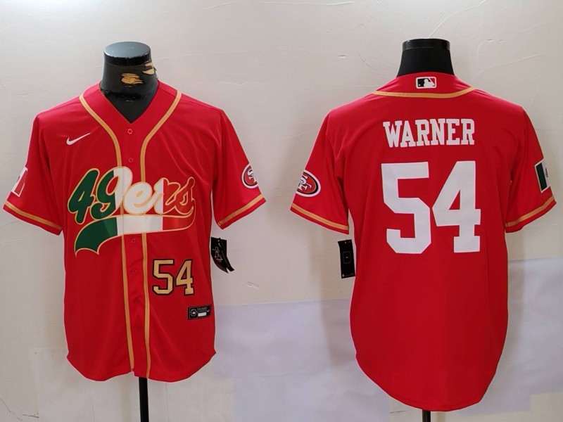 Men's San Francisco 49ers #54 Fred Warner Red With Patch Cool Base Stitched Baseball Jersey 2