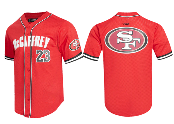 Men's San Francisco 49ers #23 Christian McCaffrey Mesh Button-Up Stitched Baseball Jersey