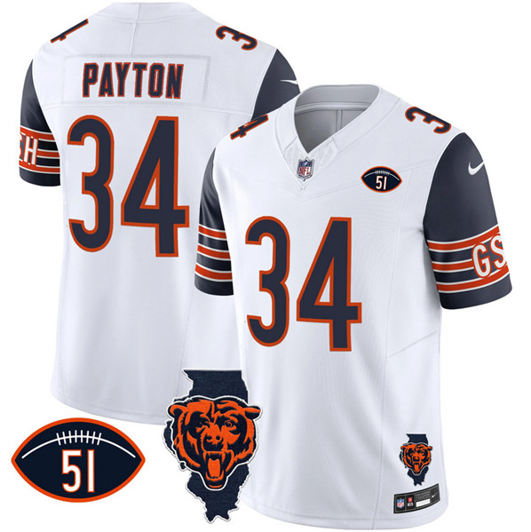 Men's Chicago Bears #34 Walter Payton White_Navy F.U.S.E. With Illinois and No. 51 Patch Stitched Football Jersey