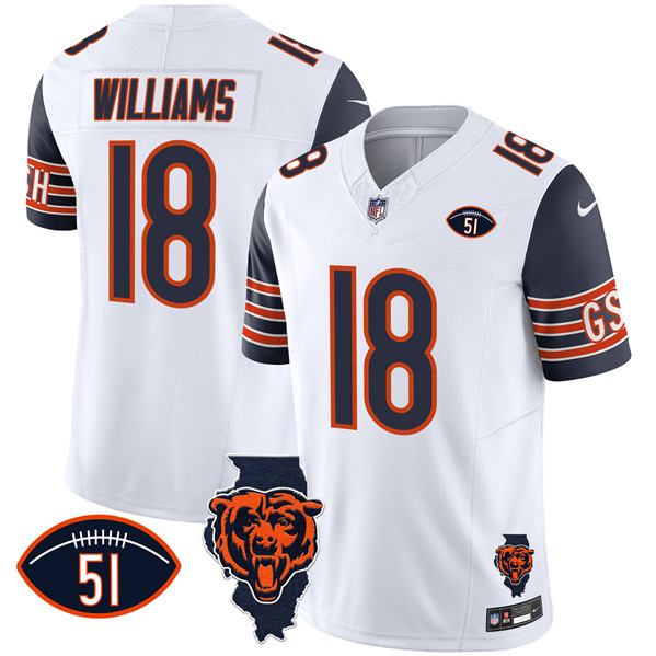 Men's Chicago Bears #18 Caleb Williams White_Navy F.U.S.E. With Illinois and No. 51 Patch Stitched Football Jersey