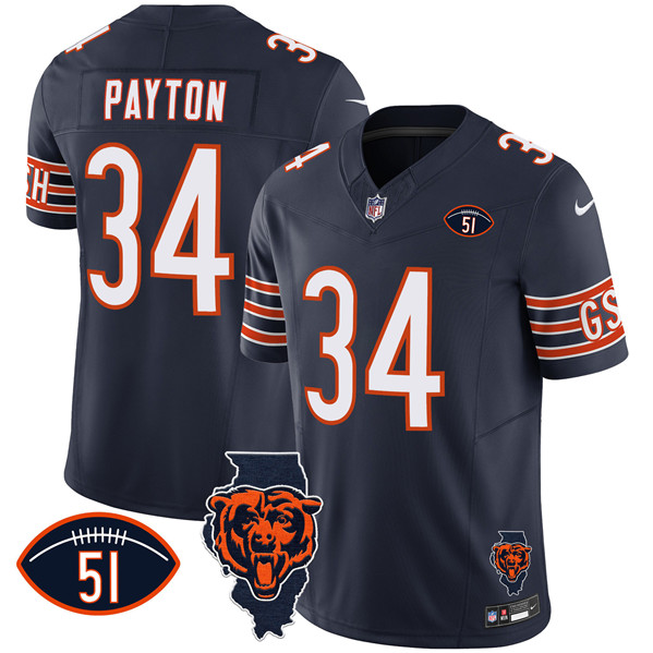 Men's Chicago Bears #34 Walter Payton Navy F.U.S.E. With Illinois and No. 51 Patch Stitched Football Jersey