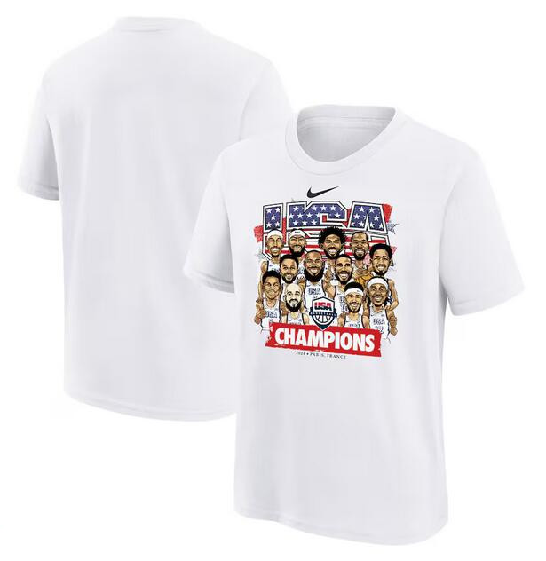 Men's USA Basketball White 2024 Summer Olympics Gold Medal Team Caricature T-Shirt(Run Small)