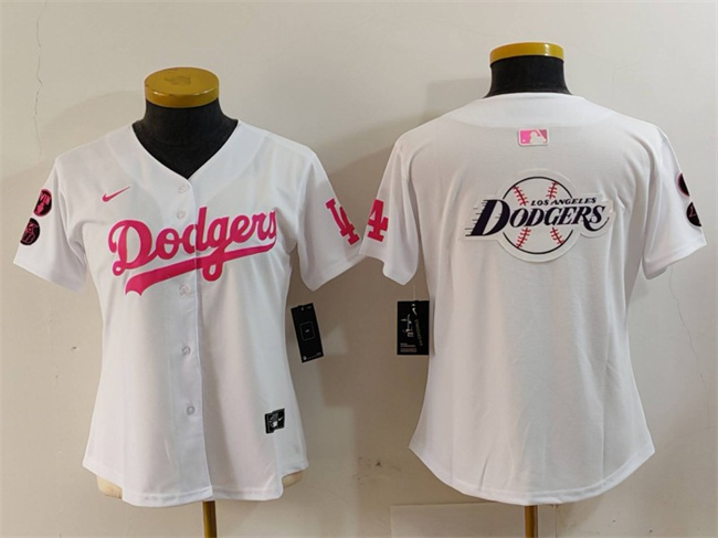 Youth Los Angeles Dodgers Team Big Logo White Pink Vin & Kobe Patch Cool Base Stitched Baseball Jerseys