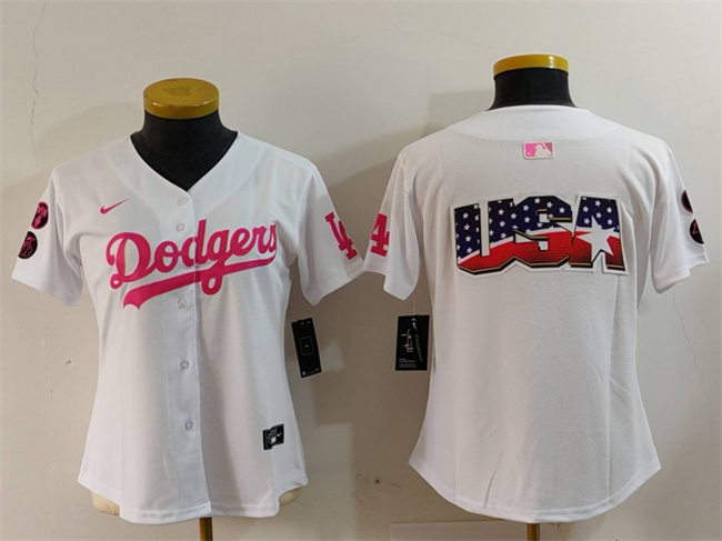 Youth Los Angeles Dodgers Team Big Logo White Pink Vin & Kobe Patch Cool Base MLB Stitched Baseball Jersey