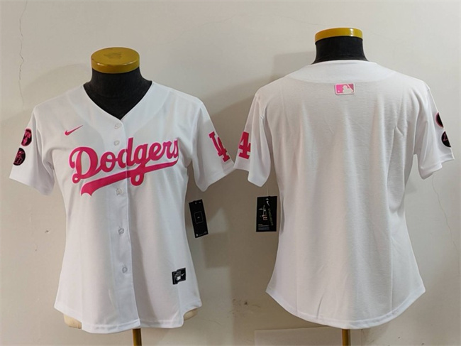 Youth Los Angeles Dodgers Blank White Pink Vin & Kobe Patch Cool Base Stitched Baseball Jersey