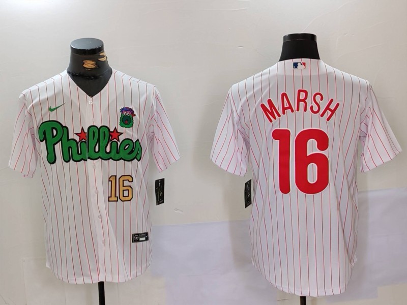 Men's Philadelphia Phillies #16 Brandon Marsh White Green Cool Base Stitched Jerseys