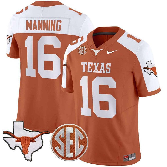 Men's Texas Longhorns #16 Peyton Manning Orange_White Map & SEC Patch F.U.S.E Stitched Jersey