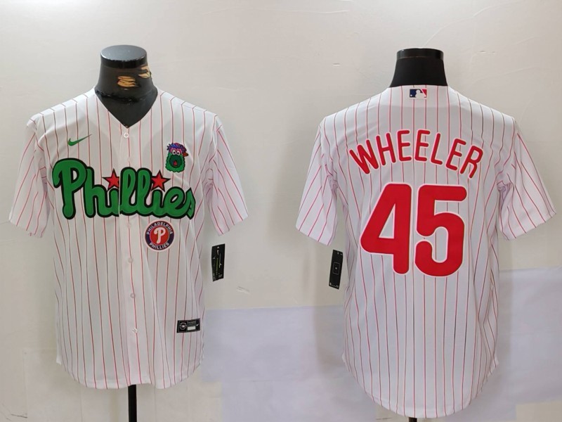 Men's Philadelphia Phillies #45 Zack Wheeler White Green Cool Base Stitched Baseball Jersey