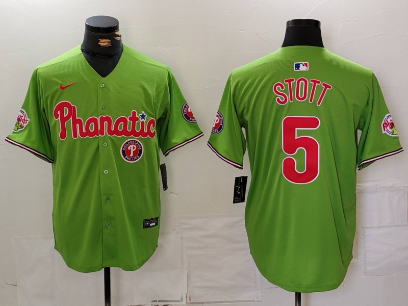 Men's Philadelphia Phillies #5 Bryson Stott Green With Patch Cool Base Stitched Baseball Jersey