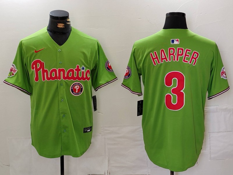 Men's Philadelphia Phillies #3 Bryce Harper Green With Patch Cool Base Stitched Baseball Jerseys