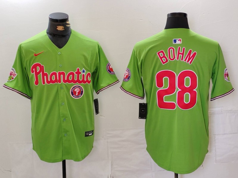 Men's Philadelphia Phillies #28 Alec Bohm Green With Patch Cool Base Stitched Baseball Jerseys