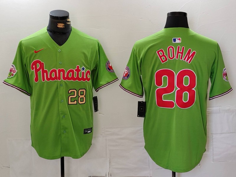 Men's Philadelphia Phillies #28 Alec Bohm Green With Patch Cool Base Stitched Baseball Jersey