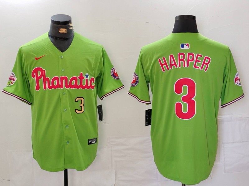 Men's Philadelphia Phillies #3 Bryce Harper Green With Patch Cool Base Stitched Baseball Jersey