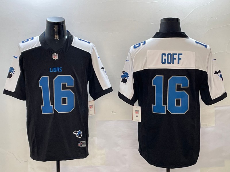 Men's Detroit Lions #16 Jared Goff Black White FUSE 2024 Michigan and Team Patch Vapor Limited Stitched Jersey