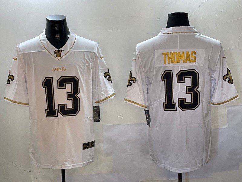 Men's New Orleans Saints #13 Michael Thomas Nike White Gold NFL 100th Season Vapor Limited Jersey