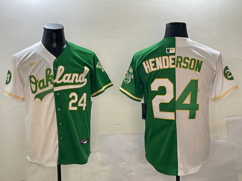 Men's Oakland Athletics #24 Ricky Henderson White_Green Split 2024 Limited With Patch Stitched Jersey