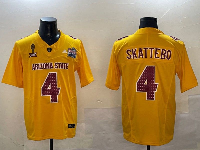 Men's Arizona State Sun Devils #4 Cam Skattebo 2024 F.U.S.E. Gold Pat Tillman & Peach Bowl Patch Vapor Limited Stitched Jersey