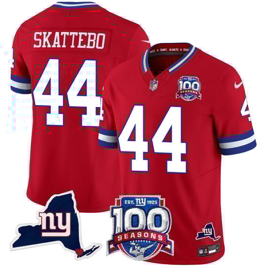 Men's New York Giants #44 Cam Skattebo 2025 Draft Red 100th Season & State Patch Vapor Limited Stitched NFL Jersey