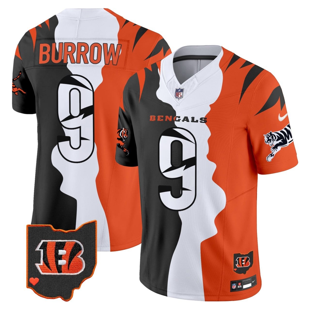 Men's Cincinnati Bengals #9 Joe Burrow Orange Black White F.U.S.E. 4-Star C Patch Limited Jersey
