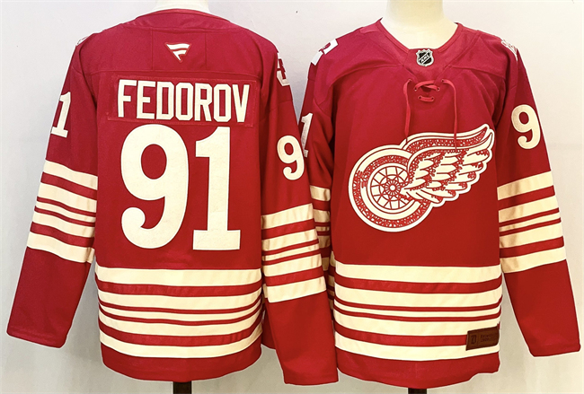 Men's Detroit Red Wings #91 Vladimir Tarasenko Red 2025 Centennial Premium With 100 Patch Stitched Hockey Jersey
