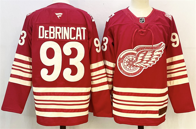 Men's Detroit Red Wings #93 Alex DeBrincat Red 2025 Centennial Premium With 100 Patch Stitched Hockey Jersey