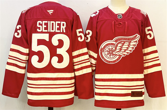 Men's Detroit Red Wings #53 Moritz Seider Red 2025 Centennial Premium With 100 Patch Stitched Hockey Jersey