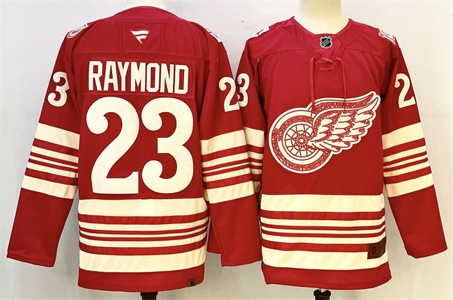 Men's Detroit Red Wings #23 Lucas Raymond Red 2025 Centennial Premium With 100 Patch Stitched Hockey Jersey