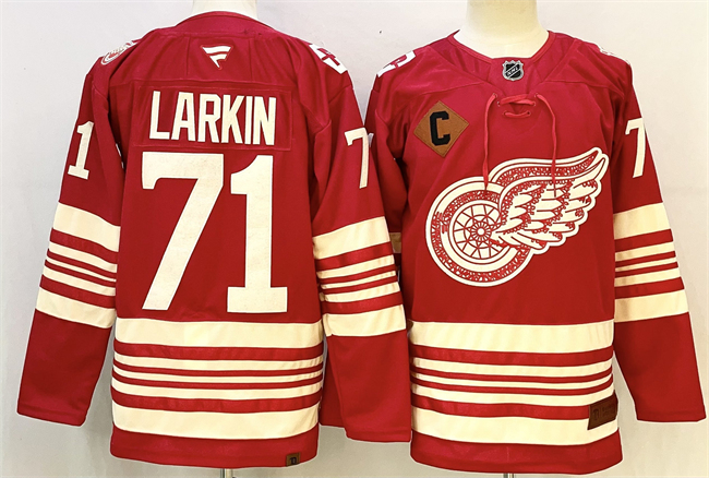 Men's Detroit Red Wings #71 Dylan Larkin Red 2025 With C Patch Centennial Premium With 100 Patch Stitched Hockey Jersey