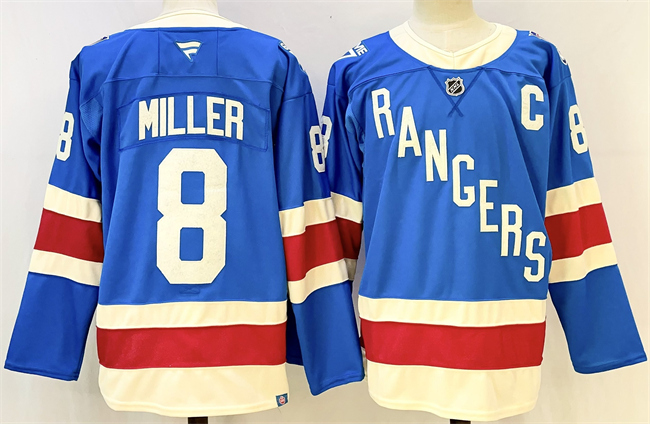Men's New York Rangers #8 JT Miller Blue 2025 With C Patch Stitched Hockey Jersey Men's New York Rangers #8 JT Miller Blue 2025 With C Patch Stitched Hockey Jersey
