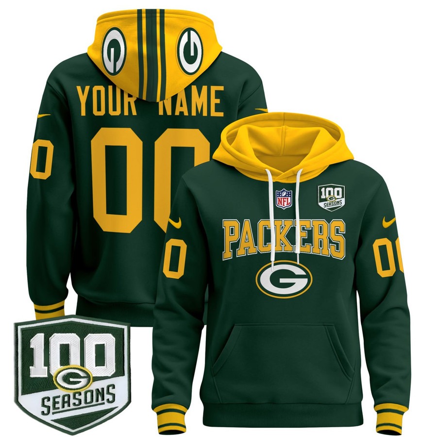 Men's Nike Green Bay Packers Custom Green 100 Seasons Patch 2025 Pullover Stitched Hoodie
