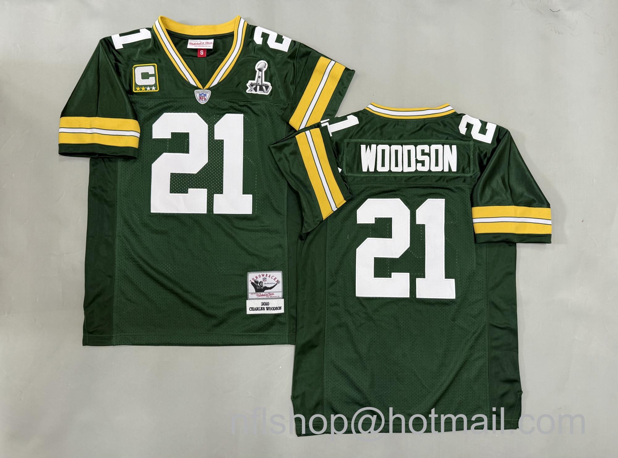 Men's Green Bay Packers #21 Charles Woodson Green With 4-Star C and Super Bowl XLV Patch 2010 Throwback Stitched Jersey