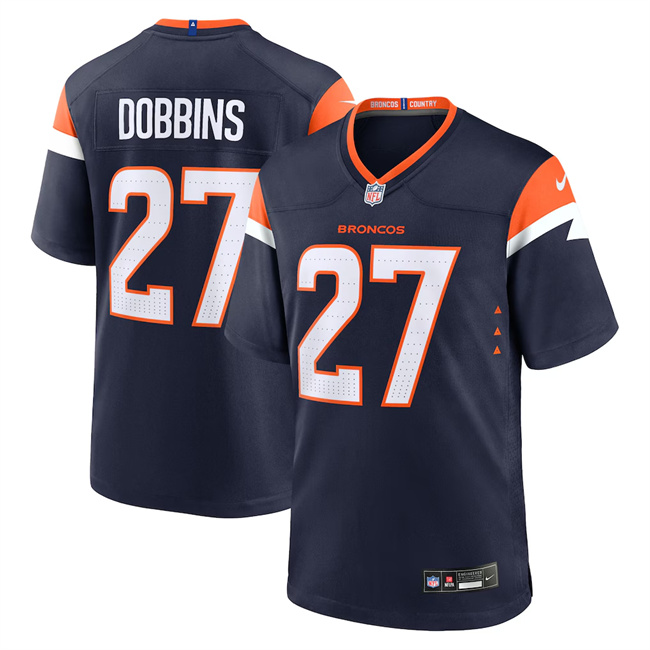 Men's Denver Broncos #27 J.K. Dobbins Navy 2025 Alternate Stitched Game Jersey Men's Denver Broncos #27 J.K. Dobbins Navy 2025 Alternate Stitched Game Jersey