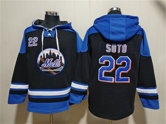 Men's New York Mets #22 Juan Soto Black Blue Ageless Must-Have Lace-Up Pullover Hoodie Men's New York Mets #22 Juan Soto Black Blue Ageless Must-Have Lace-Up Pullover Hoodie