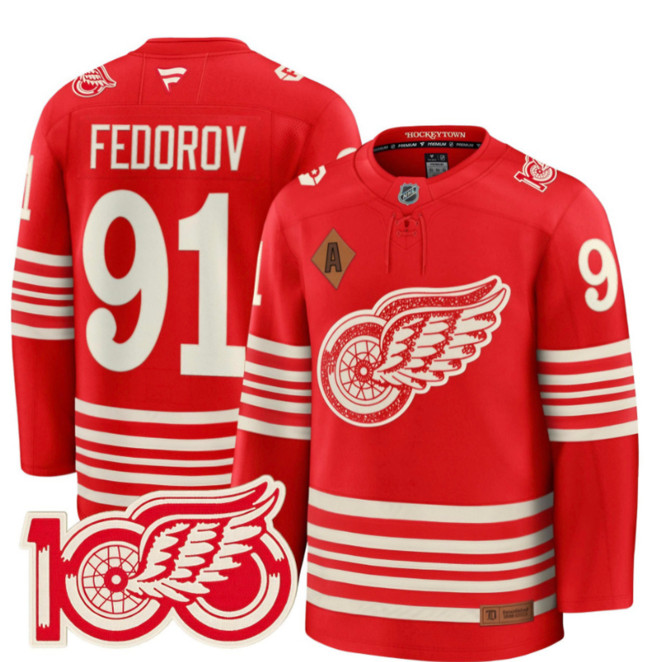 Men's Detroit Red Wings #91 Sergei Fedorov Red 2025 Centennial Premium With 100 and P Patch And A Patch Stitched Hockey Jersey Men's Detroit Red Wings #91 Sergei Fedorov Red 2025 Centennial Premium With 100 and P Patch And A Patch Stitched Hockey Jersey