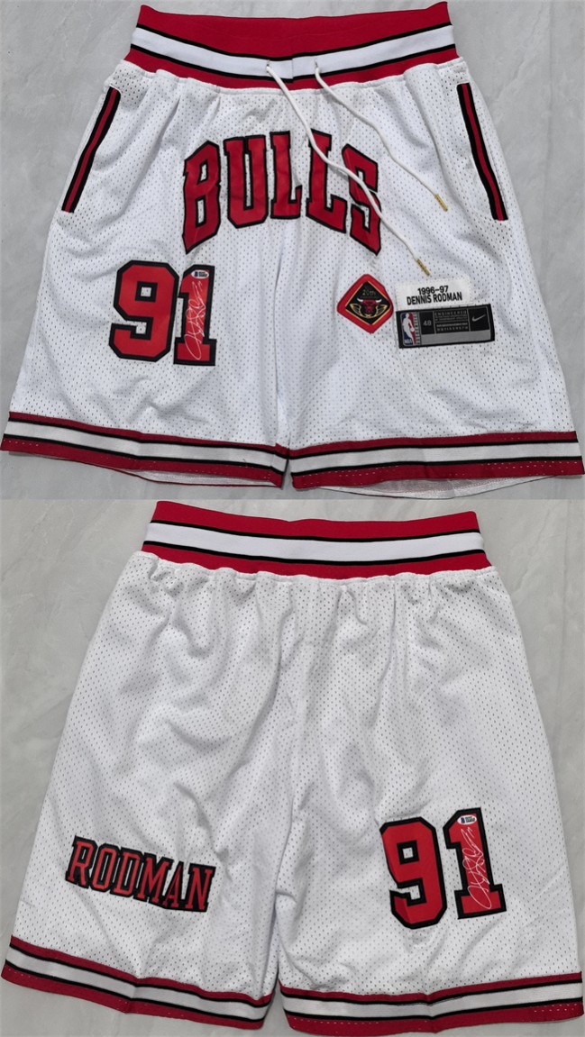 Men's Chicago Bulls #91 Dennis Rodman White 2025 Shorts (Run Small)