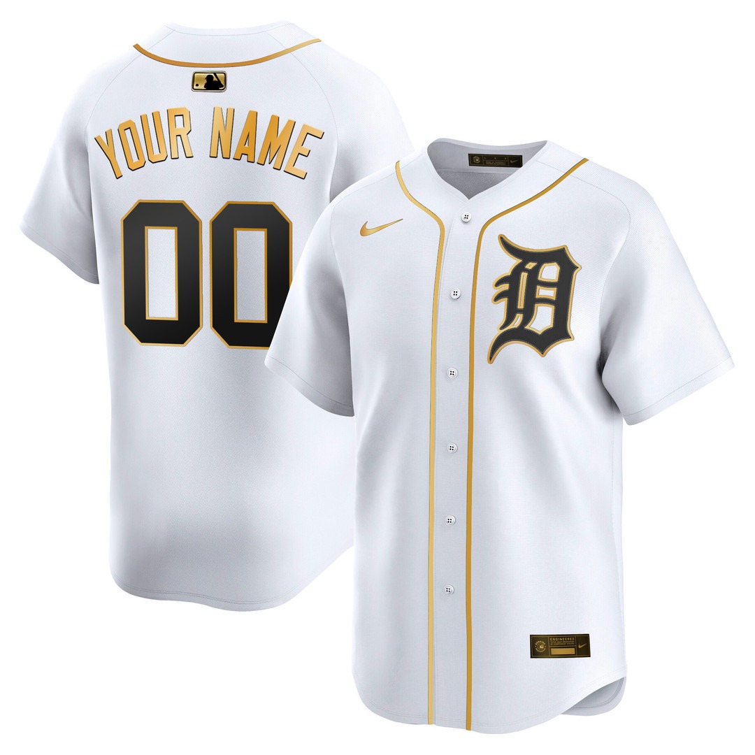Men's Detroit Tigers Custom White Gold 2025 Vapor Premier Limited Stitched Baseball Jersey