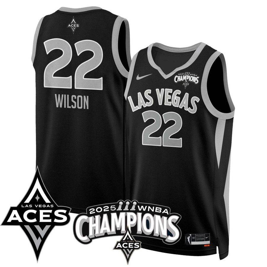 Men's Las Vegas Aces #22 A'ja Wilson Black 2025 WNBA Championship Stitched Basketball Jersey