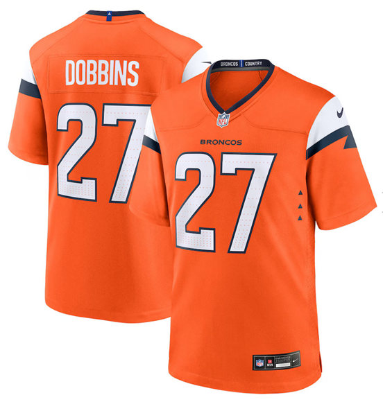 Men's Denver Broncos #27 J.K. Dobbins Orange 2025 Alternate Stitched Game Jersey Men's Denver Broncos #27 J.K. Dobbins Orange 2025 Alternate Stitched Game Jersey