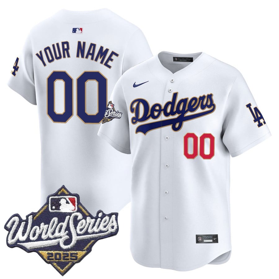 Men's Los Angeles Dodgers Custom White 2025 World Series Gold Trim Vapor Nike Limited Stitched Jersey
