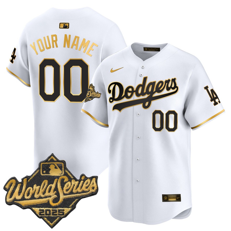 Men's Los Angeles Dodgers Custom White Gold 2025 World Series Vapor Nike Limited Stitched Jersey