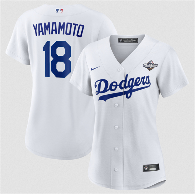 Women's Los Angeles Dodgers #18 Yoshinobu Yamamoto White 2025 World Series Home Cool Base Stitched Baseball Jersey(Run Small) Women's Los Angeles Dodgers #18 Yoshinobu Yamamoto White 2025 World Series Home Cool Base Stitched Baseball Jersey(Run Small)