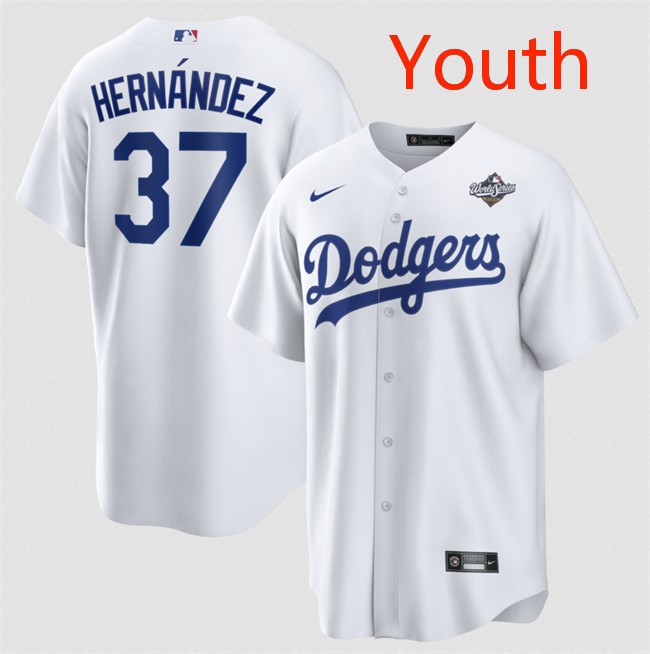 Youth Los Angeles Dodgers #37 Teoscar Hernández White 2025 World Series Home Cool Base Stitched Baseball Jersey Youth Los Angeles Dodgers #37 Teoscar Hernández White 2025 World Series Home Cool Base Stitched Baseball Jersey