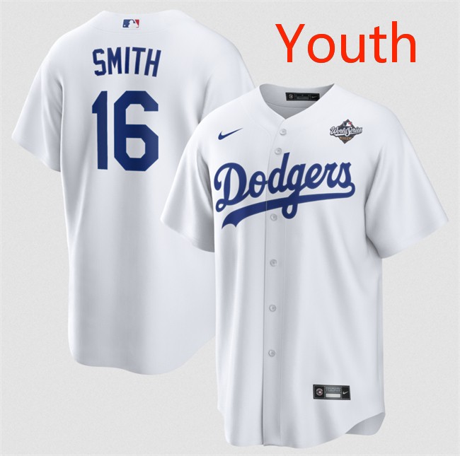 Youth Los Angeles Dodgers #16 Will Smith White 2025 World Series Home Cool Base Stitched Baseball Jersey Youth Los Angeles Dodgers #16 Will Smith White 2025 World Series Home Cool Base Stitched Baseball Jersey