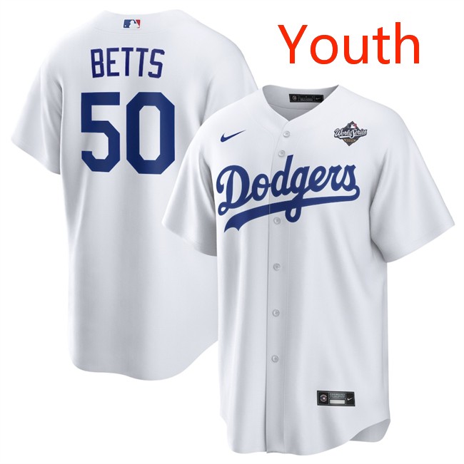 Youth Los Angeles Dodgers #50 Mookie Betts White 2025 World Series Home Cool Base Stitched Baseball Jersey Youth Los Angeles Dodgers #50 Mookie Betts White 2025 World Series Home Cool Base Stitched Baseball Jersey
